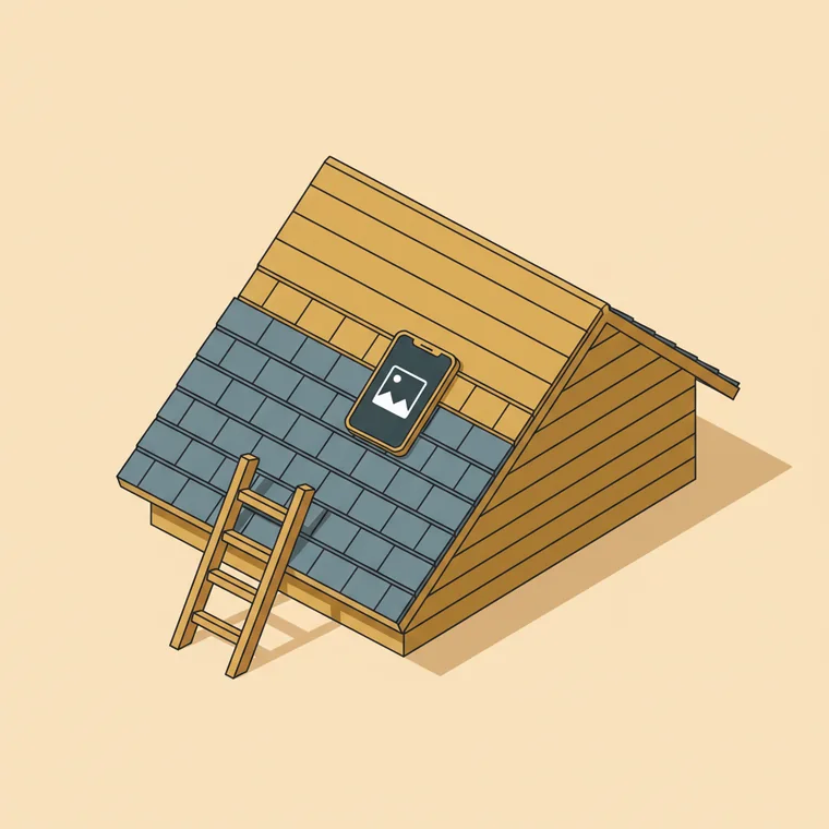 Illustration of a partly shingled roof with a ladder and a phone