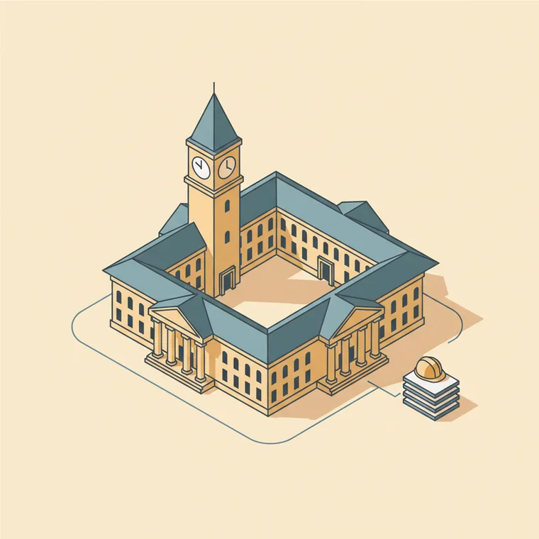Illustration of a university quadrangle beside a stack of contractor documents