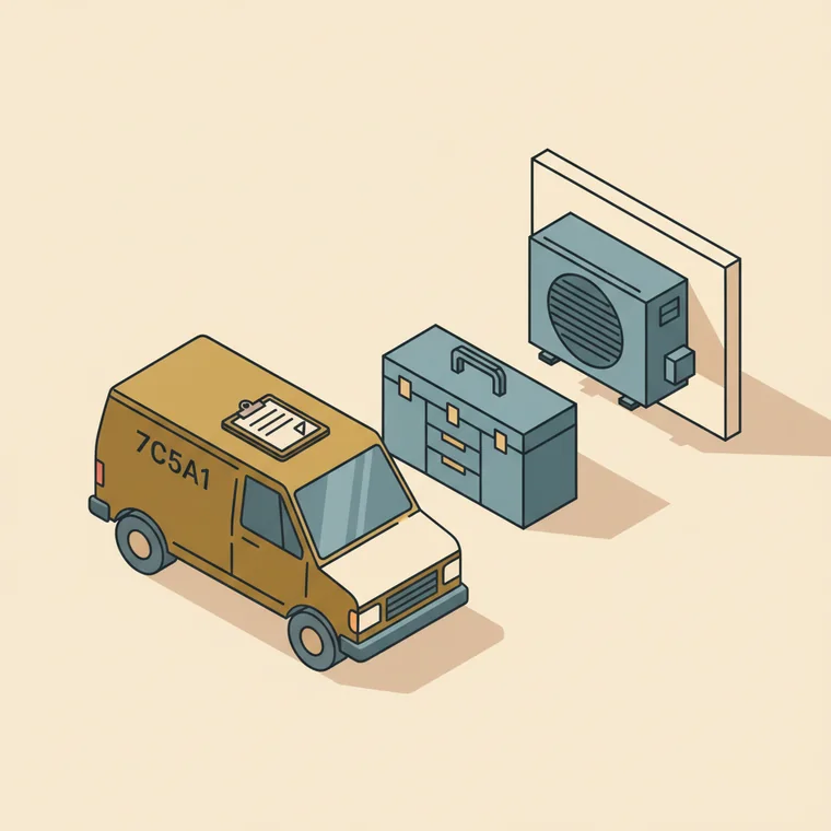 Illustration of a service van beside a toolbox and a heating unit