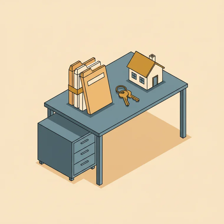 Illustration of a brokerage back office with contract folders and house keys