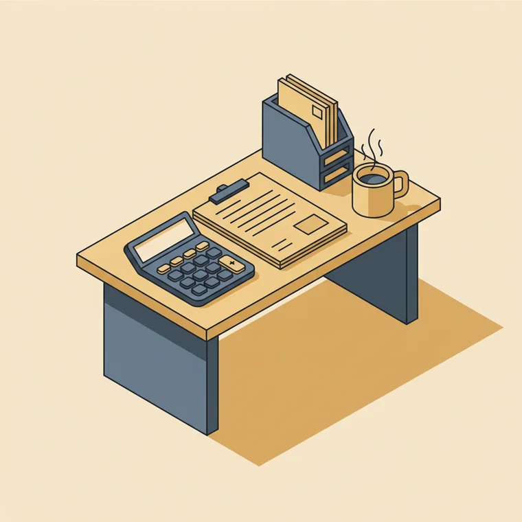 Illustration of an accountant's desk with documents and a calculator